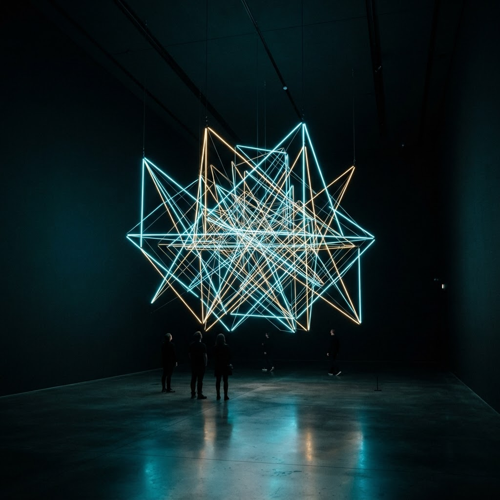A glowing geometric light sculpture in a dark gallery with visitors for scale