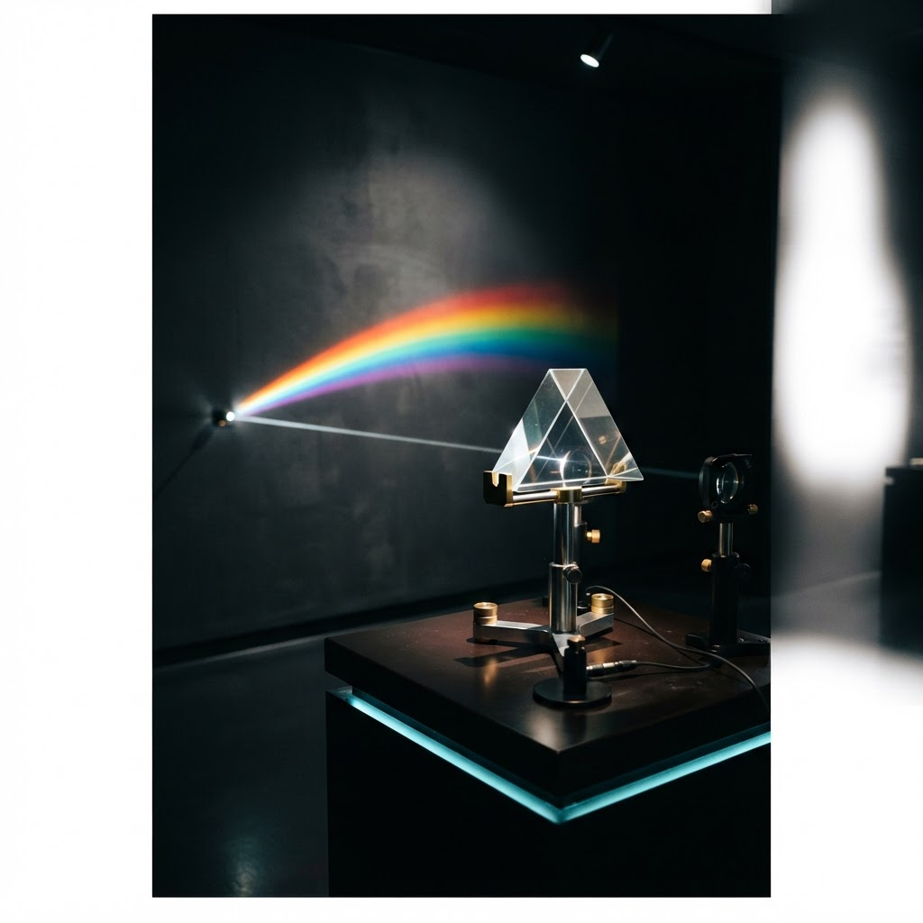 A glass prism splitting a beam of light into a spectrum on a dark wall