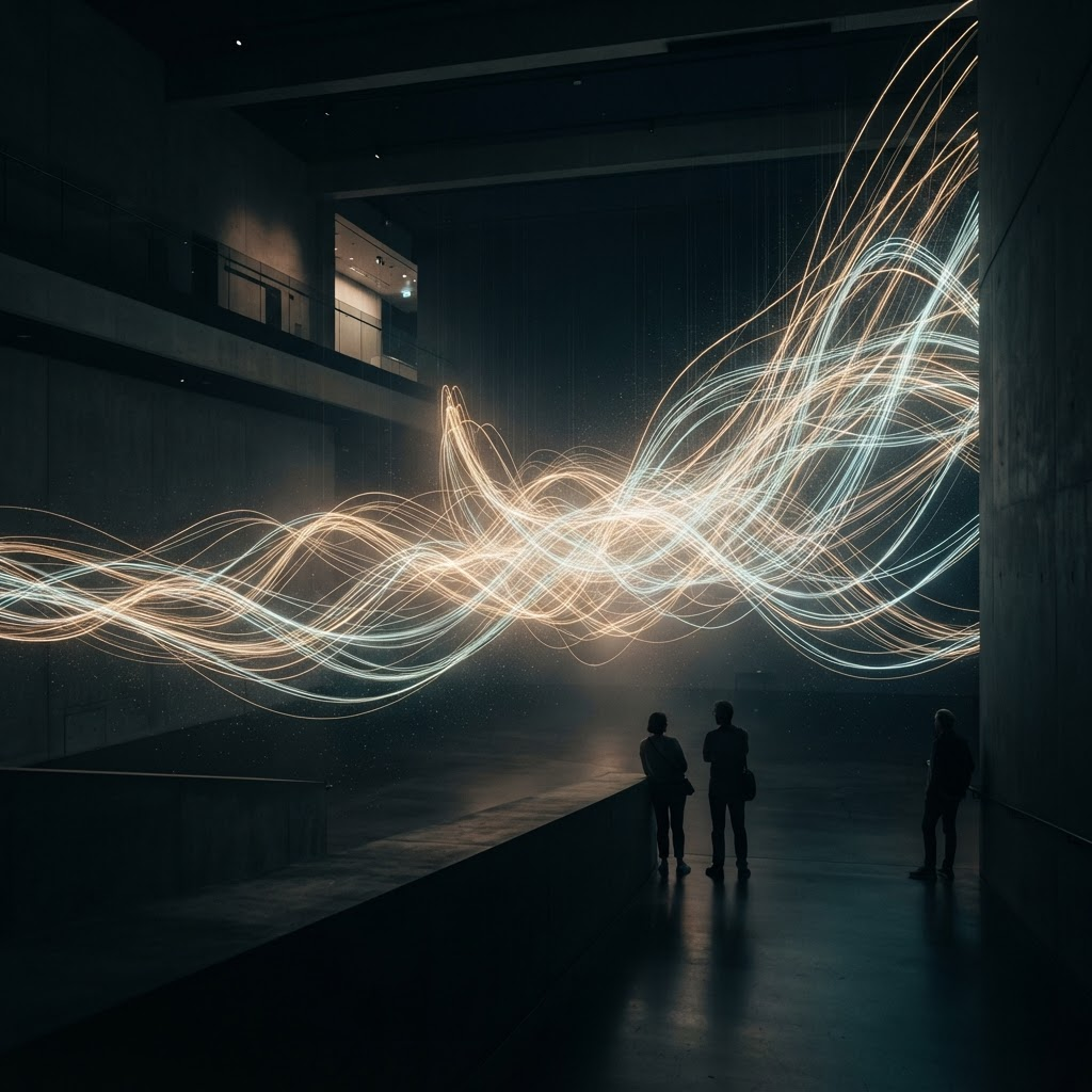 Immersive light installation of luminous gold and cyan ribbons in a dark museum hall